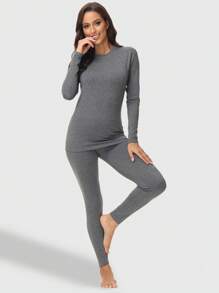 2pcs Women Casual Seamless Comfortable Solid Color Crew Neck Long Sleeve Top And Leggings Thermal Underwear Set, Autumn/Winter