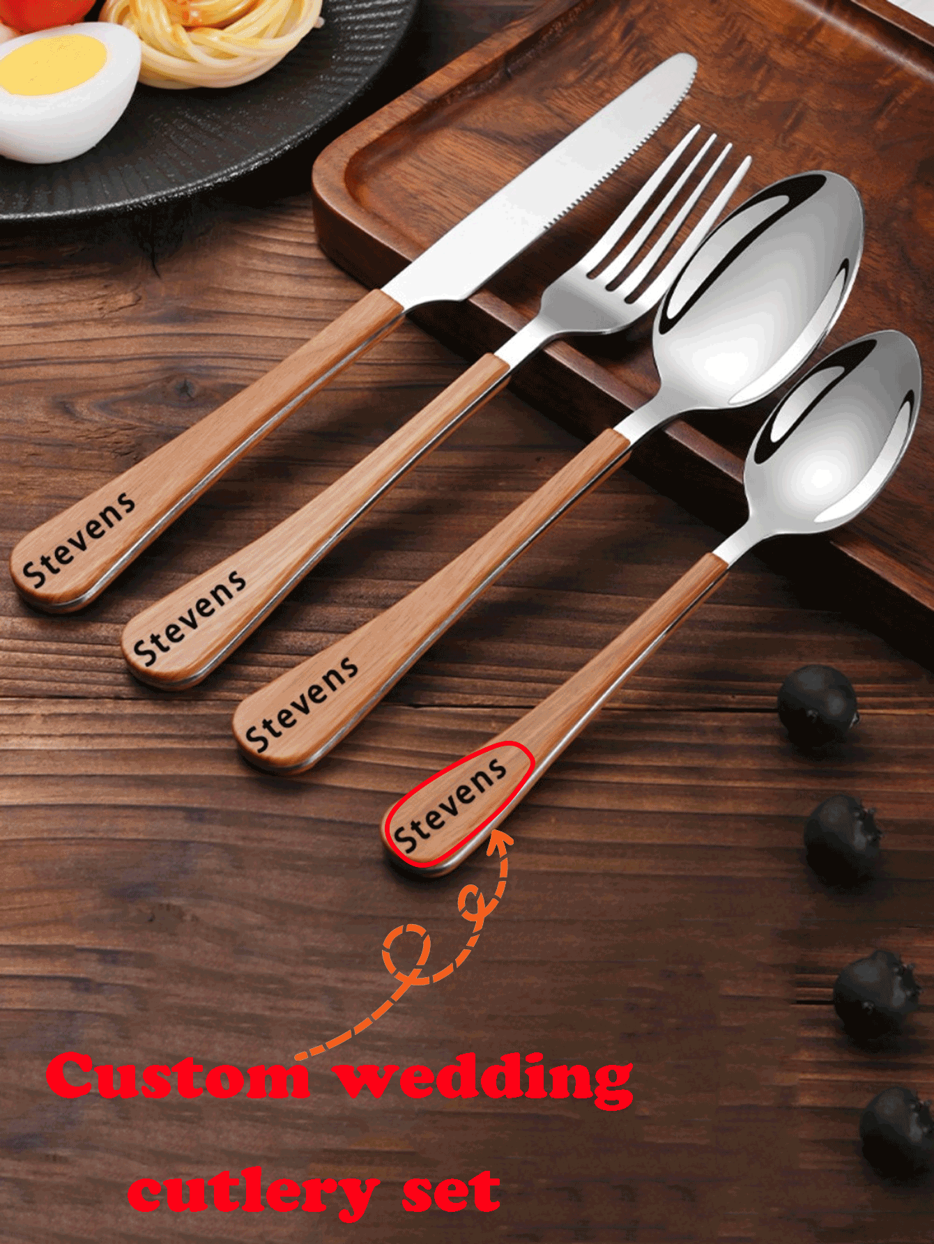 4pcs Custom Retro Wooden Handle Stainless Steel Knife, Fork, Spoon Cutlery Set, Elegant For Wedding Party, Steak Knife, Western Dinnerware, Dessert Fork, Coffee Spoon