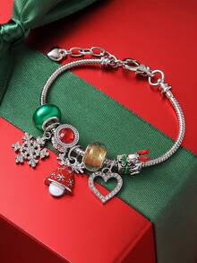 1 Stück Weihnachts-Armband mit eleganter Faux-Perlen-Schleife, Schneeflocke, Rentier, DIY-Perlen und Kupferkette, Kontrast in Rot und Grün, geeignet als Accessoire für Frauen zu Weihnachtspartys, Geschenk für Freunde und Familie