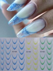 3片渐变法式美甲贴纸，蓝绿黄新月形法式条纹图案，自粘式美甲贴花，适用于美甲用品和工具 - 彩色 - 查看 1