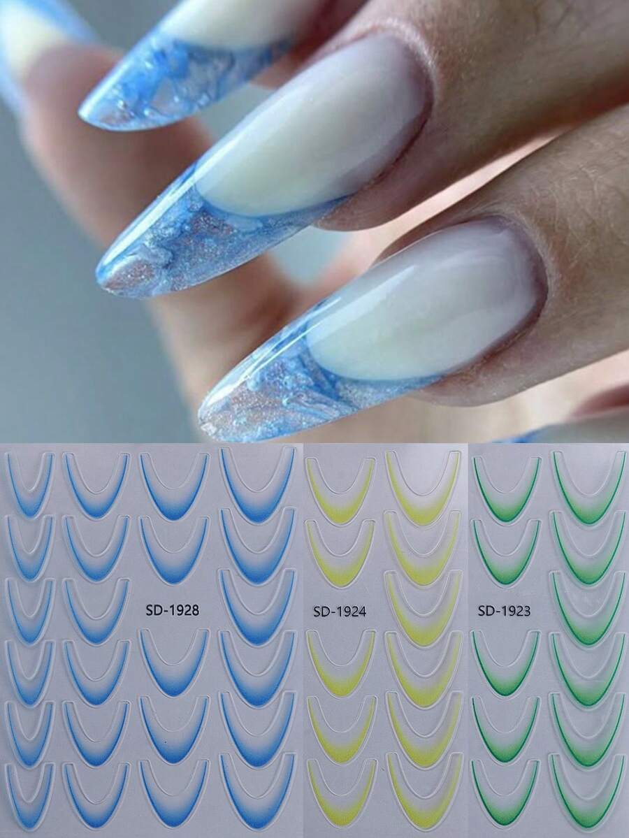 3片渐变法式美甲贴纸，蓝绿黄新月形法式条纹图案，自粘式美甲贴花，适用于美甲用品和工具 - 彩色 - 查看 1