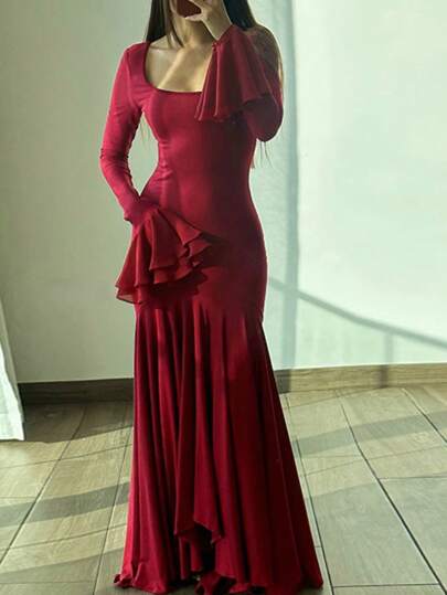 Vestito a maniche lunghe con volant in vita, da donna, per l'autunno