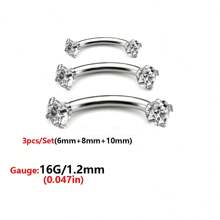 ADYJELY 2/3 pezzi di anelli per sopracciglia, piercing, in acciaio inossidabile ipoallergenico con gemme di zirconia cubica (3mm), filettatura interna, chiodi per labbra/sopracciglia curvi CZ, cartilagine, conchiglia, tragus, orecchini da piercing, decorazione per corpo, taglia 16G, lunghezza 6mm, 8mm, 10mm, adatto per donne e uomini'