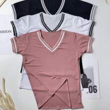 3-Piece Kit Of Women's Ribbed V-Neck Blouses One Size 40 42 44 Summer Fashion Black + White + One Color Of Your Choice - 藕粉色 - 查看 1