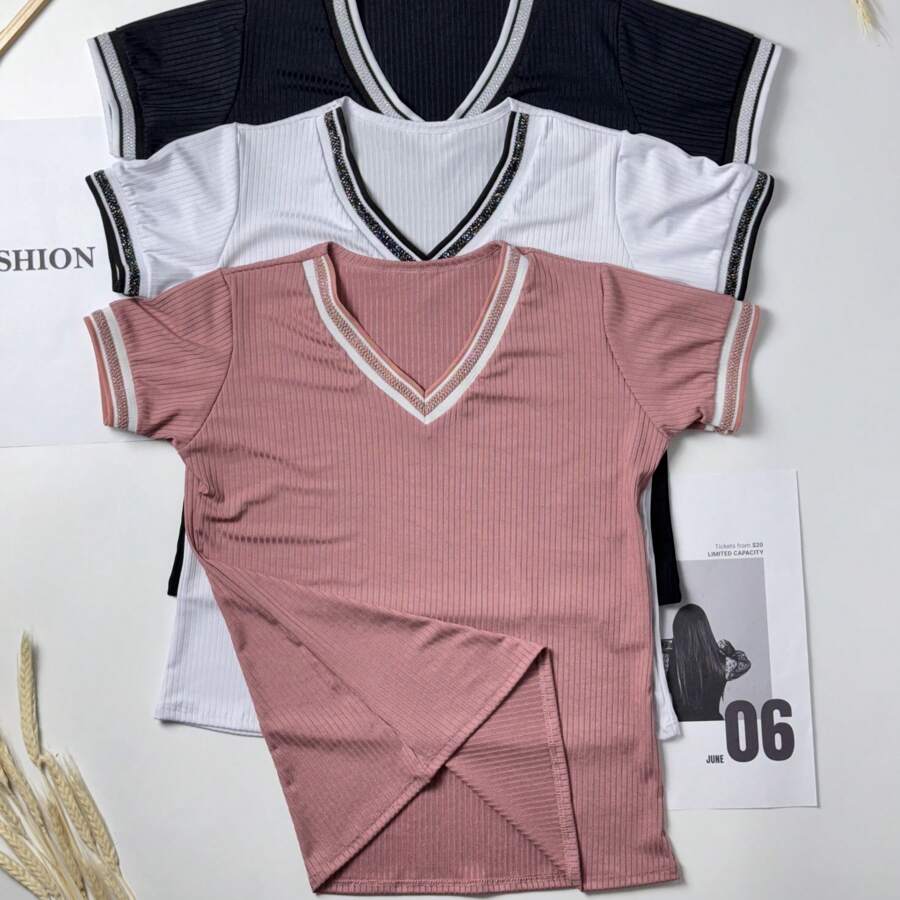 3-Piece Kit Of Women's Ribbed V-Neck Blouses One Size 40 42 44 Summer Fashion Black + White + One Color Of Your Choice - 藕粉色 - 查看 1