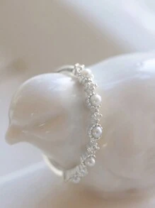 BALMORA 1 件 S925 纯银简约珍珠戒指，女式小锆石镀金精致奢华戒指，适合食指或无名指 - 銀色 - 查看 5