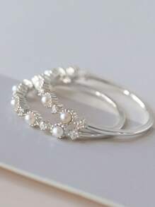 BALMORA 1 件 S925 纯银简约珍珠戒指，女式小锆石镀金精致奢华戒指，适合食指或无名指 - 銀色 - 查看 6