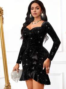 Vestido gótico sexy mini elegante lindo Y2K lantejoulas glitter decote em V multicamadas festa elástico - Preto - Ver 6