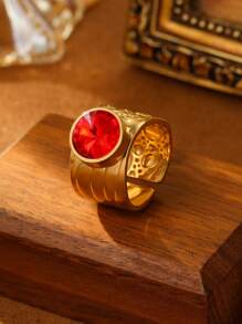 1/7 chiếc nhẫn trang trí bằng thép không gỉ màu vàng thời trang phong cách retro tròn trong suốt lớn có thể điều chỉnh được dành cho nữ phù hợp để đeo hàng ngày hoặc làm quà tặng - Vàng - Xem 11