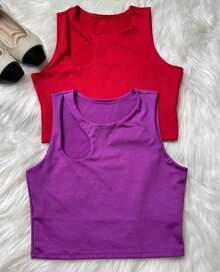 BIA KIT WITH 2 WOMEN'S CROPPED TOPS IN SUPLEX FABRIC WITH HOLE DETAIL ON THE SHOULDER, SUMMER - Màu Hoa hồng đỏ - Xem 1