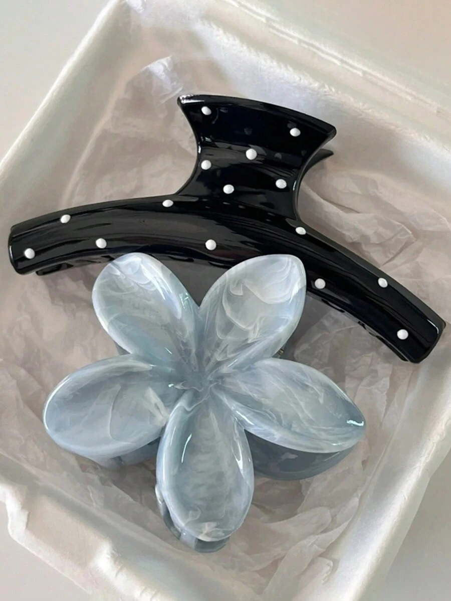 2件組亮面藍色花卉黑點圖案髮夾套組,優雅簡約極簡輕量塑膠髮飾,適合女性日常、派對、旅行、洗澡、化妝造型搭配,髮爪髮夾髮夾髮夾,秋冬度假穿搭,女性花朵髮夾,夏季海灘度假必備 - 彩色 - 查看 1