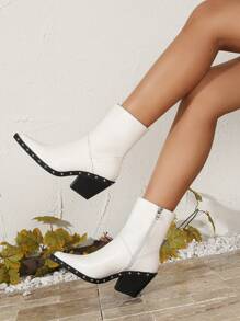 Botas Gogo cortas con tachuelas para mujer, botines elásticos con punta puntiaguda y tacón alto grueso - Blanco - Ver 2