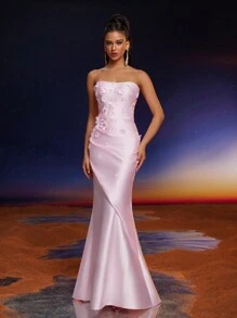 Anymoon 3D手工花卉荷叶边美人鱼伴娘礼服 - 粉色 - 查看 1