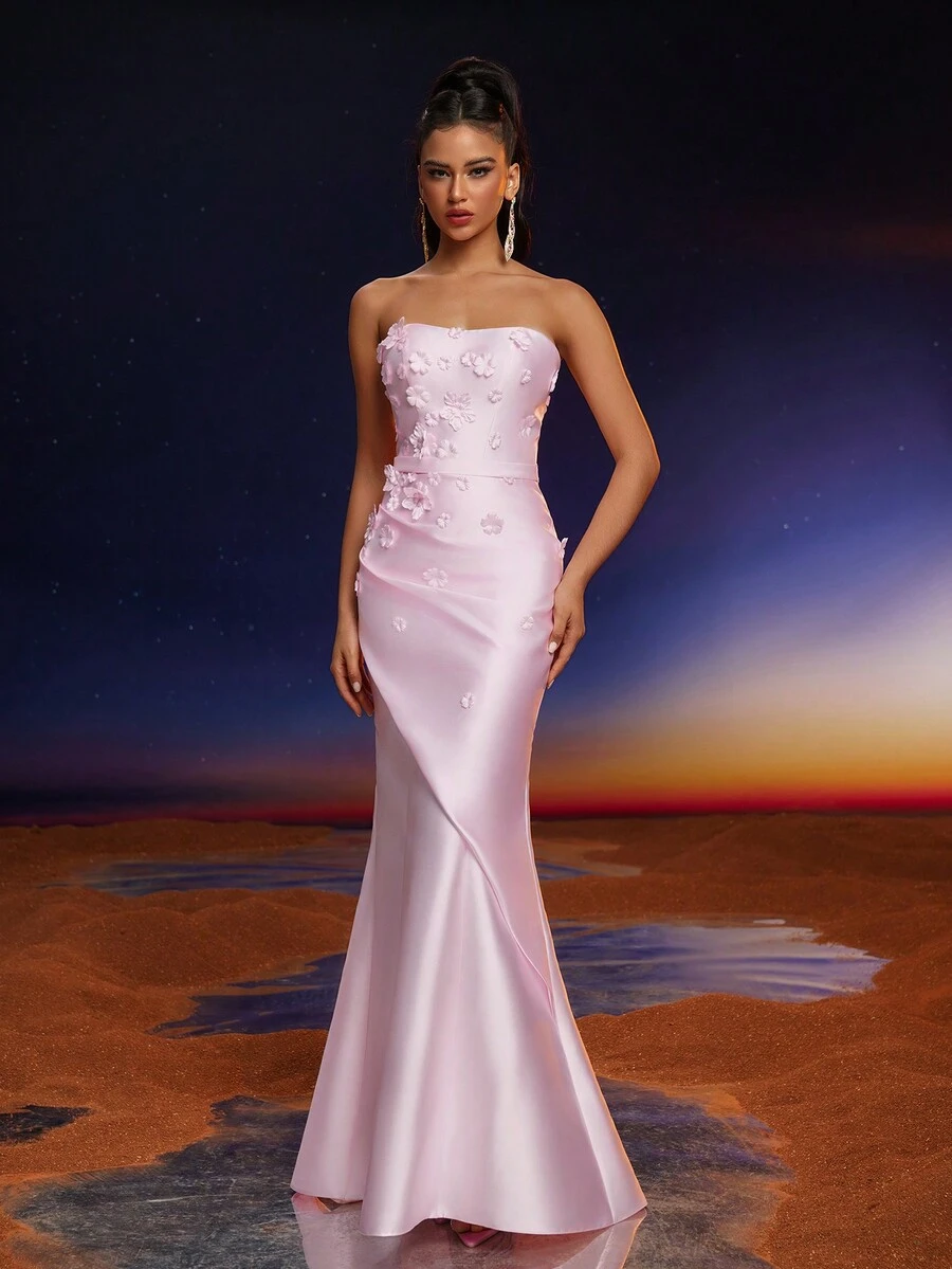 Anymoon 3D手工花卉荷叶边美人鱼伴娘礼服 - 粉色 - 查看 1