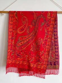 1 件女式复古佩斯利图案流苏保暖围巾披肩，波西米亚风格，适合旅行和度假，秋冬 - 紅色 - 查看 3