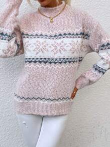 Women Knitted Sweater, New Arrival Autumn/Winter, European And American Style, Turtleneck, Snowflake Pattern, Chenille Knitted Pullover - Pink - View 4