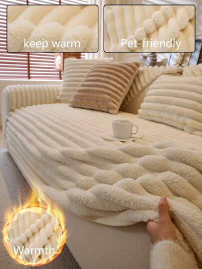 1pc Winter Christmas Decoration Thickened Plush Sofa Cover, Dust And Slip-Resistant, Minimalist Modern Style, Dustproof, Stain-Resistant, Washable All-In-One Sofa Blanket For 1, 2, 3 Or 4-Seater With Armrest And Backrest, Keeps Warm In Winter