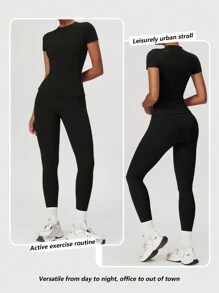 Yefecy 2/4 女式纯色圆领 T 恤和高腰紧身裤运动服套装，运动舒适 T 恤和紧身裤，适合瑜伽健身房锻炼，女士夏季返校运动服，女式运动服，市中心女孩服装春夏风格 - 黑色 - 查看 5