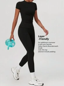 Yefecy 2/4 女式纯色圆领 T 恤和高腰紧身裤运动服套装，运动舒适 T 恤和紧身裤，适合瑜伽健身房锻炼，女士夏季返校运动服，女式运动服，市中心女孩服装春夏风格 - 黑色 - 查看 4