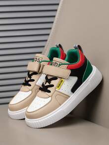 时尚字母印花彩色复古拼接儿童运动鞋，儿童钩环扣低帮平底舒适防滑男女学生返校休闲运动鞋 - 棕色 - 查看 4