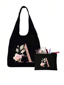 Bộ sản phẩm gồm 1 túi tote màu đen in họa tiết hoa và 1 túi nhỏ màu đen, túi tote in chữ cái A-Z màu hồng in họa tiết hoa + túi đựng mỹ phẩm, túi quà cưới/túi tote cá nhân hóa - màu đen - Xem 11