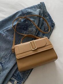 Túi xách PU tối giản thời trang, Túi đeo vai & đeo chéo mùa đông. Thắt lưng kìm PU màu trơn trang trí túi xách lật đeo chéo túi xách nữ - màu nâu - Xem 9