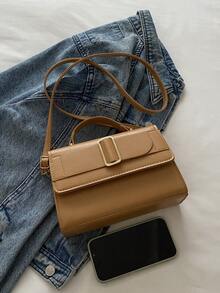 Túi xách PU tối giản thời trang, Túi đeo vai & đeo chéo mùa đông. Thắt lưng kìm PU màu trơn trang trí túi xách lật đeo chéo túi xách nữ - màu nâu - Xem 10