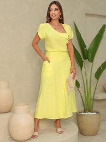 Skirt And Blouse Set In Twill Viscose Short Sleeve Blouse With Boat Neckline Midi Skirt With Flared Model With Pockets And Front Slit - 黃色 - 查看 5