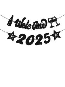 欢迎 2025 标志新年派对横幅，闪光香槟星装饰庆祝 2025 年新年悬挂花环彩旗装饰，新年派对背景用品 - 彩色 - 查看 8