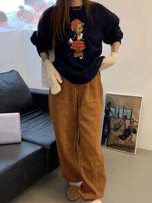 女士圆领长袖熊图案简约休闲上衣，适合日常穿着 - 藏蓝色 - 查看 7