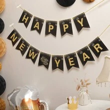 1 套新年快乐黑色和金色鱼尾铝箔五彩纸屑流苏花环派对装饰横幅 - 彩色 - 查看 5