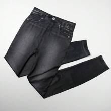 Women Faux Denim Jeans Printed Stretchy Leggings No Pockets High Waist Tummy Control Pencil Pants Trousers Skinny - 黑色 - 查看 6