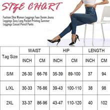 Women Faux Denim Jeans Printed Stretchy Leggings No Pockets High Waist Tummy Control Pencil Pants Trousers Skinny - 黑色 - 查看 8