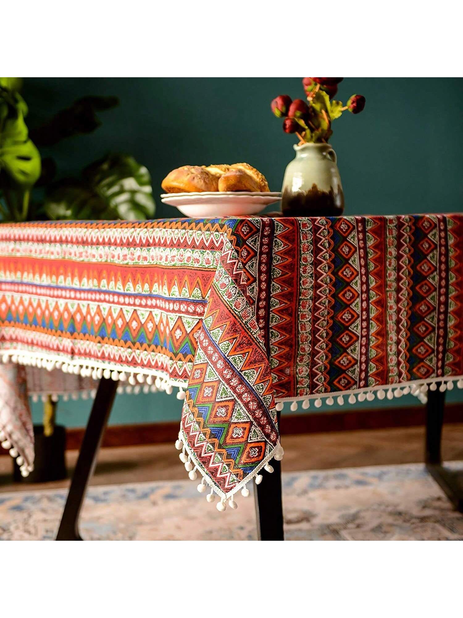 1pc bohemian pompom tassel tablecloth tableth table table coverns trinkle linen boho design table table clot | مقاس: 140*100 سم