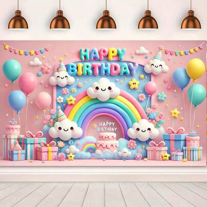 彩虹与云彩生日快乐横幅 - 涤纶派对装饰背景，适用于入口、房间、花园，带有气球和蜡烛主题，无需电力，适合春季、夏季、秋季、冬季