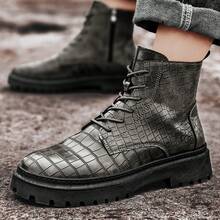 男士复古压花皮革高帮系带靴，防滑工作靴，秋冬 - 灰色 - 查看 2