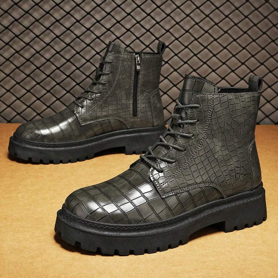 男士复古压花皮革高帮系带靴，防滑工作靴，秋冬 - 灰色 - 查看 1