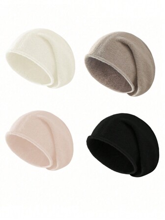 1 件女士羊毛混纺针织无檐小便帽，纯色厚耳保护，秋冬街头时尚休闲弹力宽松圆顶帽，百搭