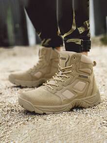 新款男士秋冬战术靴，户外军装风格，网眼和皮革鞋面，舒适衬里，经典厚底，厚底鞋跟，适合徒步旅行、钓鱼、露营、训练 - 米色 - 查看 1