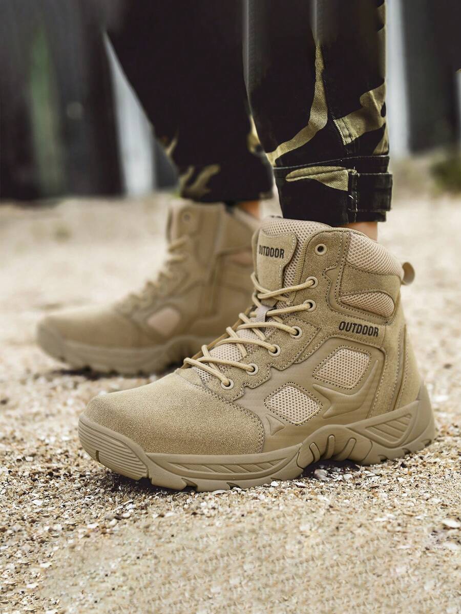 新款男士秋冬战术靴，户外军装风格，网眼和皮革鞋面，舒适衬里，经典厚底，厚底鞋跟，适合徒步旅行、钓鱼、露营、训练 - 米色 - 查看 1