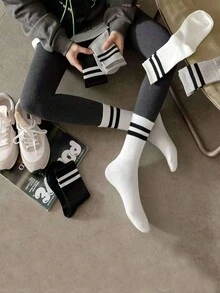 3 Pairs Women's Casual Striped Pattern Socks, Breathable Moisture-Wicking Mid-Calf Fitness Socks For Outdoor Sports, Random Delivery - Multicolor - View 3