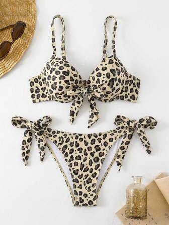 2 件女式花卉印花比基尼泳装，性感豹纹系带前垫，两件套可爱优雅时尚辣妹海滩风格，夏季假日