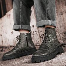 男士复古压花皮革高帮系带靴，防滑工作靴，秋冬 - 灰色 - 查看 3