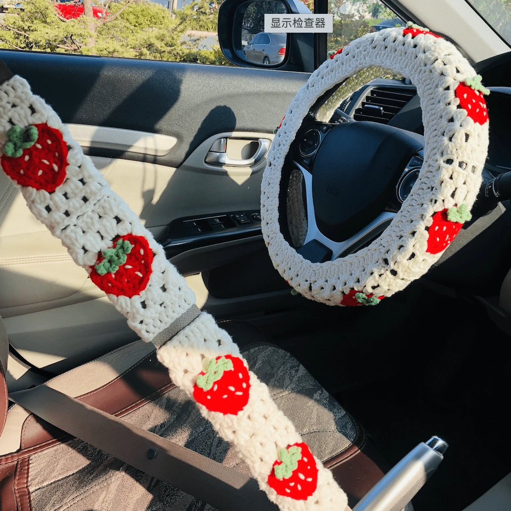 onEternal Handmade Crochet Strawberry Steering Wheel Cover And Seat Belt Cover Car Decor Set Interior Decoration - 均碼 - 查看 1