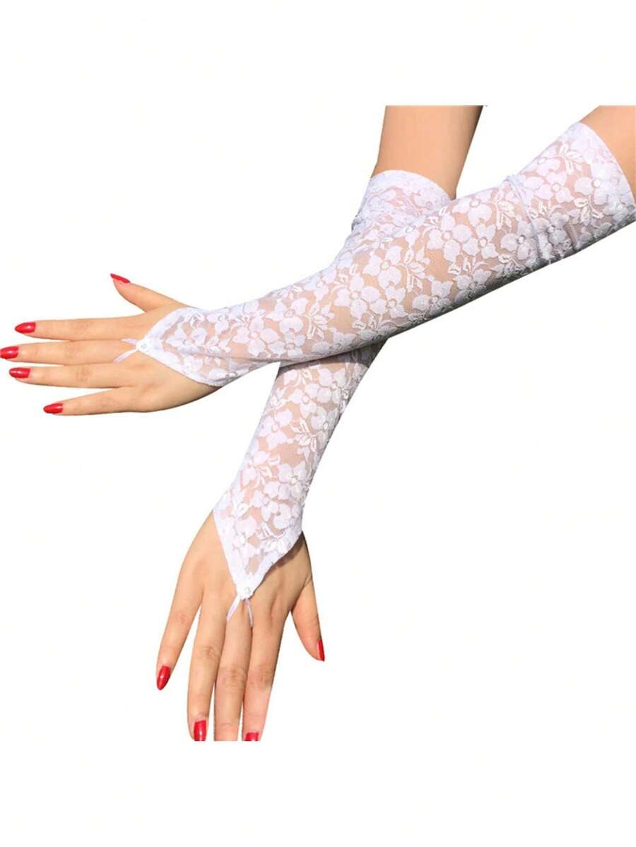 1 chiếc Găng tay dài không ngón cho phụ nữ Găng tay ren đen trắng đỏ gợi cảm có đính đá Rhinestones Găng tay móc ngón tay cô dâu hợp thời trang - Nhiều màu - Xem 1