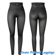 Women Faux Denim Jeans Printed Stretchy Leggings No Pockets High Waist Tummy Control Pencil Pants Trousers Skinny - 黑色 - 查看 1