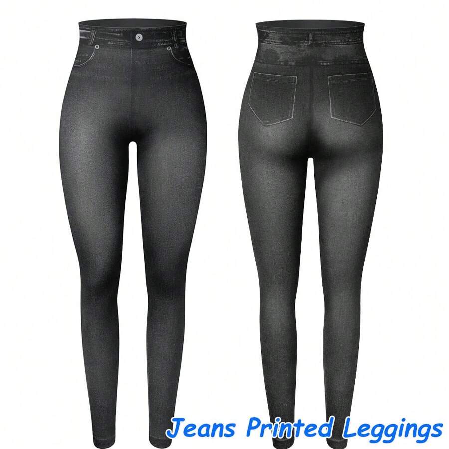Women Faux Denim Jeans Printed Stretchy Leggings No Pockets High Waist Tummy Control Pencil Pants Trousers Skinny - 黑色 - 查看 1
