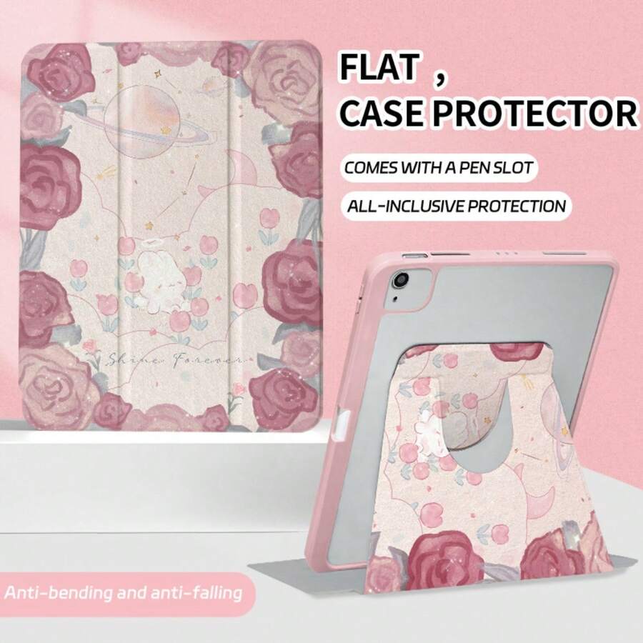 Khe cắm bút + Vỏ máy tính bảng xoay 720° tương thích với Ipad 9th/10th Air4/5/6, Galaxy Tab A8/S6 Lite10,4 inch/A7/A8/A9 8,7 inch A9+/S9FE Vỏ bảo vệ chống sốc bằng da PU họa tiết hành tinh màu hồng anh đào tình yêu, hỗ trợ chế độ Ngủ/Đánh thức tự động - Bụi hồng - Xem 1