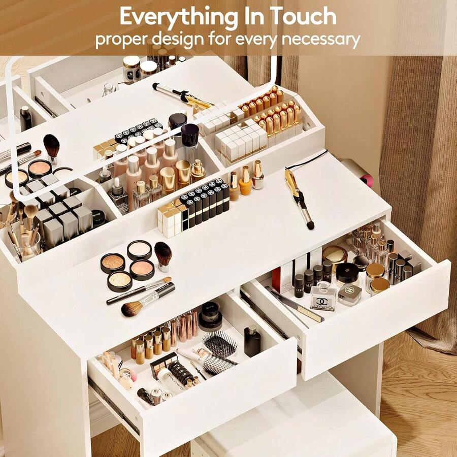 Vanity Desk With Large Lighted Mirror & Power Outlet, 3 Color Lighting