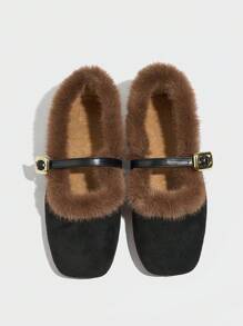 Mocassins femininos de camurça macia com forro de pele, mocassins planos com forro térmico quente, sapatos casuais para ambientes internos com pele de coelho espessada